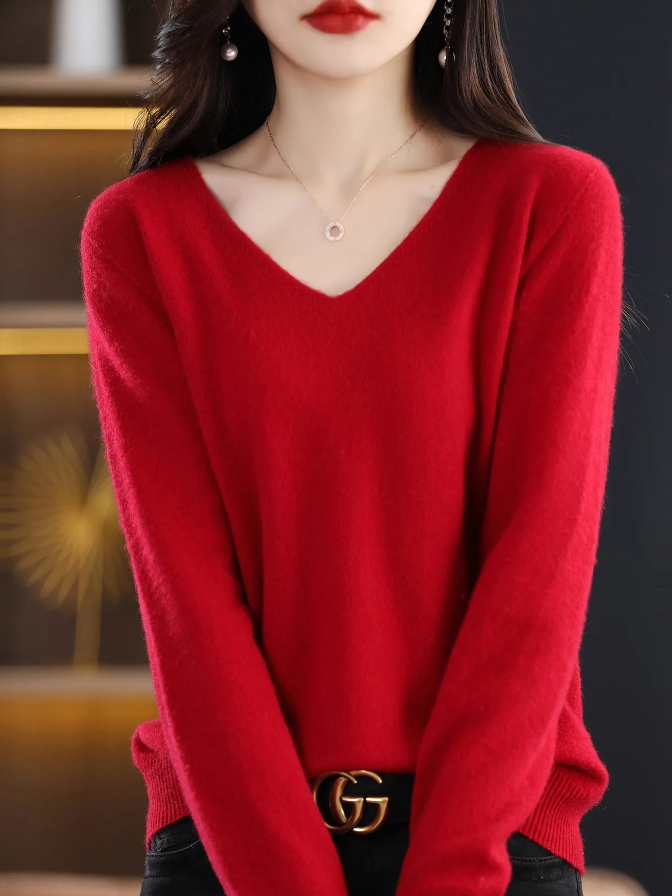 Sweater for Women 100% Merino Wool V Neck Sweater 2023 Fall Winter Basic Warm Pullovers Long Sleeve Knit Jumpers