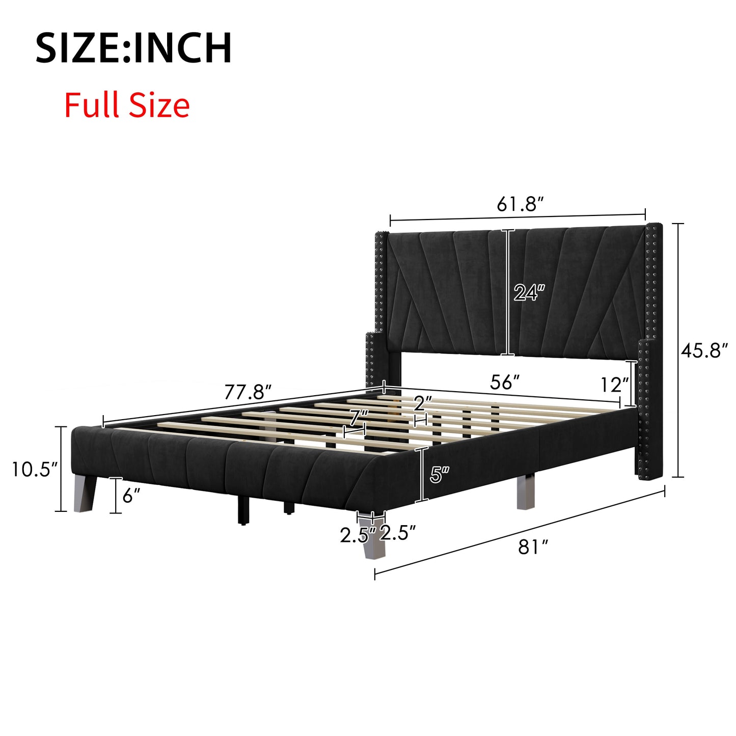 Queen/Full Size Contemporary Velvet Upholstered Bed Frame with Channel Tufting and Nailhead Trim No Box Spring Needed Black/Grey