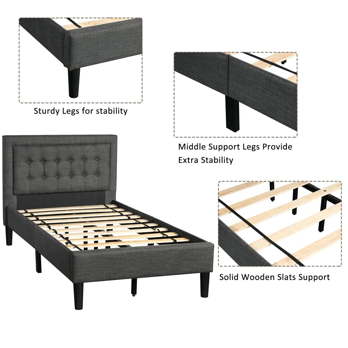 [Flash Sale]Twin Upholstered Button-Tufted Platform Bed with Strong Wood Slat Support Gray