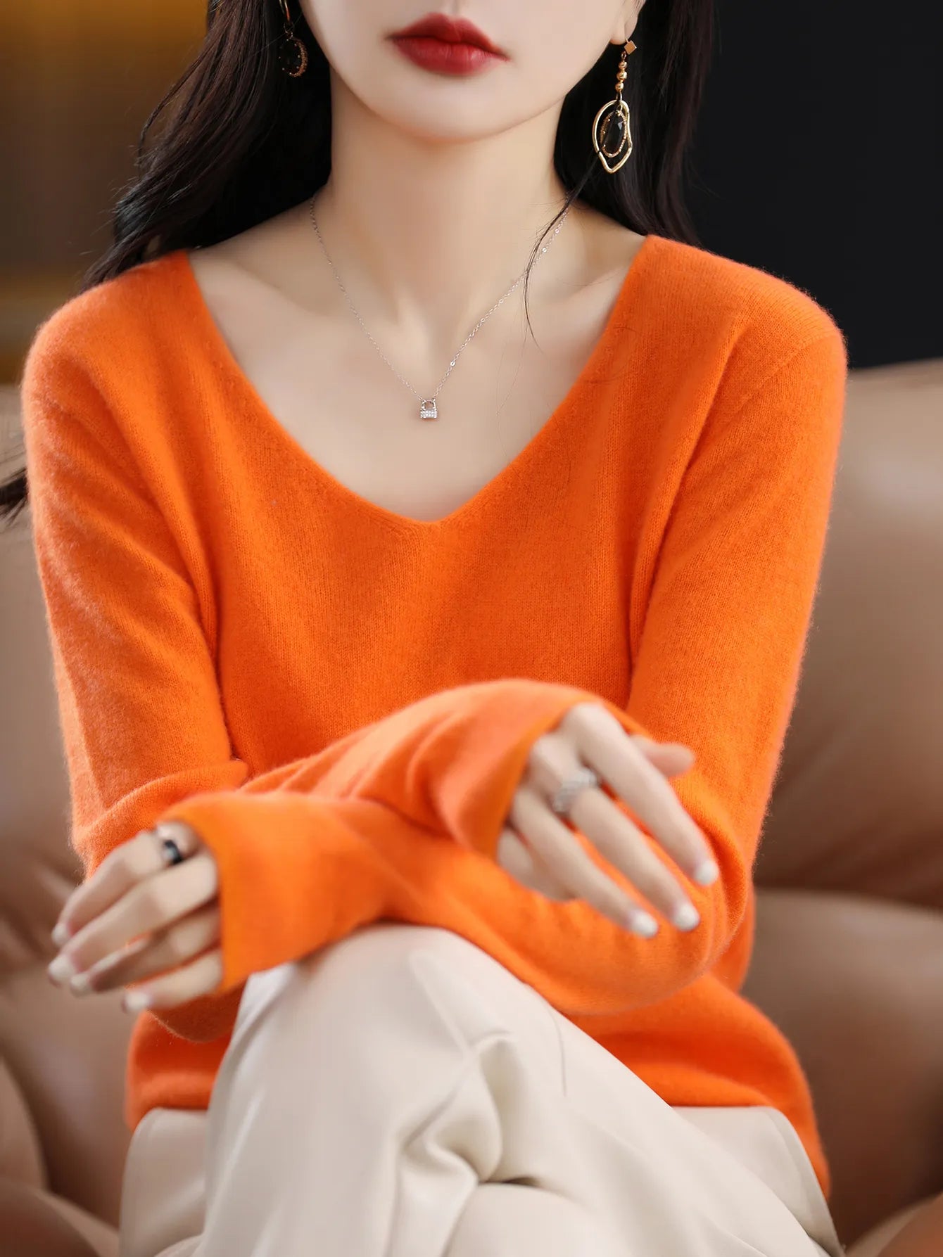 Sweater for Women 100% Merino Wool V Neck Sweater 2023 Fall Winter Basic Warm Pullovers Long Sleeve Knit Jumpers