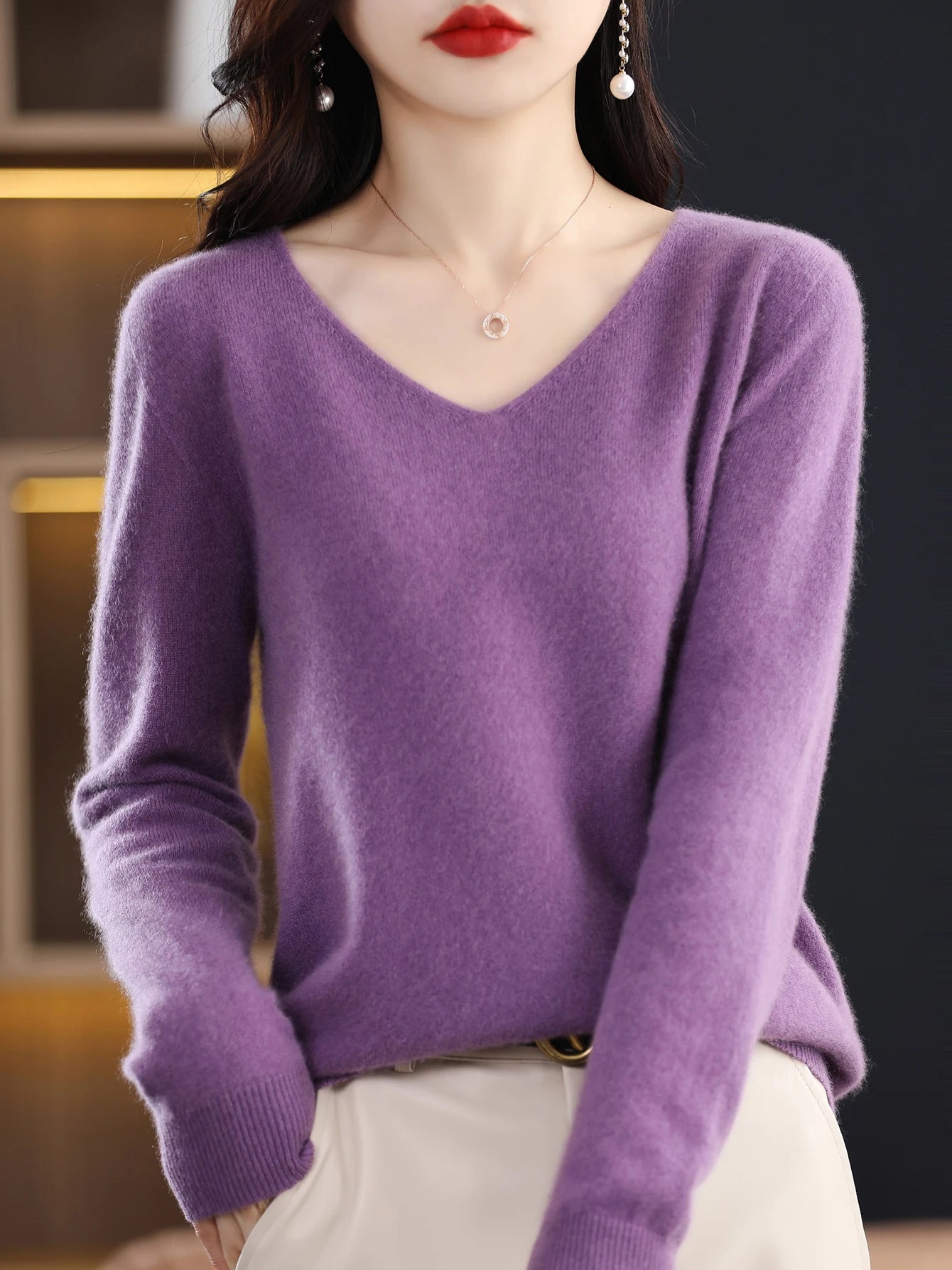 Sweater for Women 100% Merino Wool V Neck Sweater 2023 Fall Winter Basic Warm Pullovers Long Sleeve Knit Jumpers