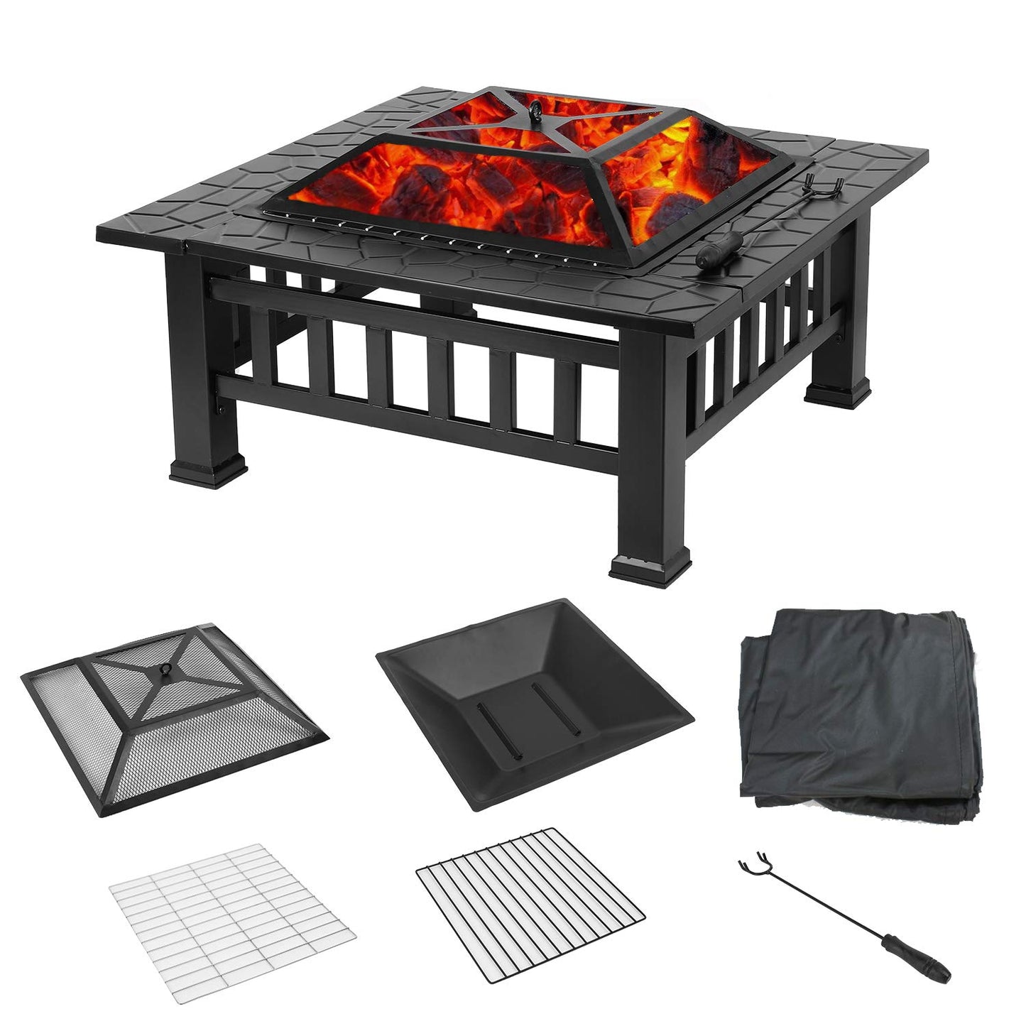 Black Fireplace Fire Pit Wood Burning Steel Fire Pit BBQ Square Table Backyard Patio Garden Stove Wood Burning  Firepit