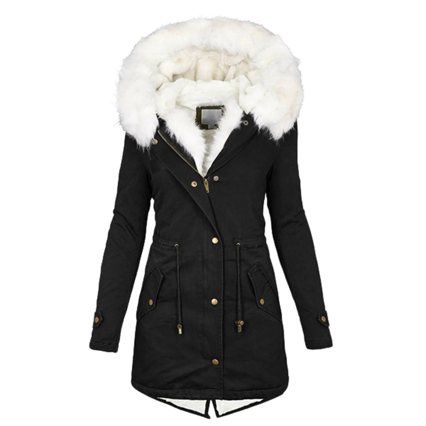 Cotton Padded Jacket Solid Color Women Solid Hood Fur Warm Winter Coat  Office Ladies Retro Causal Loose Parkas Outwear