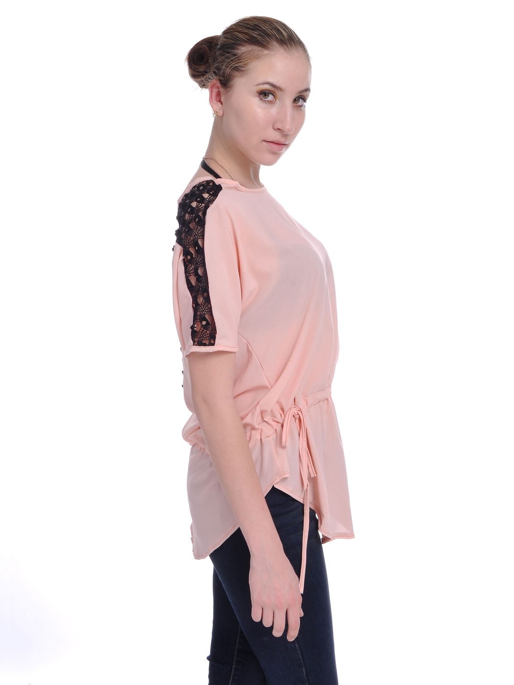 Free Size Fit Black and Pink Drawstring Tie Waist Crochet Net Panel Blouse Chiffon Women Top Loose Short Sleeve T Shirt