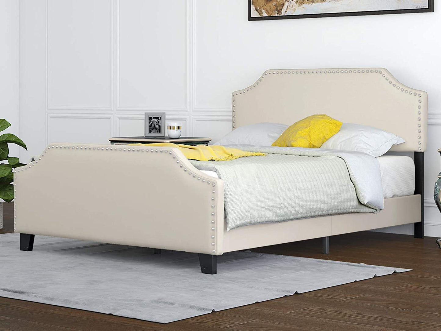 Full Upholstered Linen Platform Bed W/Curved Shape Headboard&amp;Footboard Metal Frame Strong Wood Slat Support Height Adjustable