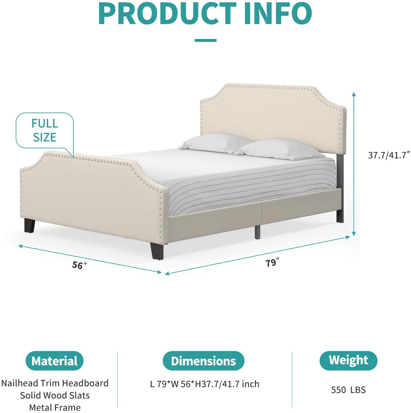 Full Upholstered Linen Platform Bed W/Curved Shape Headboard&amp;Footboard Metal Frame Strong Wood Slat Support Height Adjustable