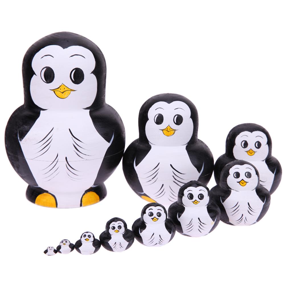 10pcs/Set Penguin Pattern Russian Matryoshka Doll Basswood Creative Wood Toy Gift Hand Paint Crafts Home Decor wholesale