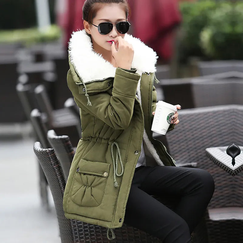 Women Winter Jacket Thicken Hooded Long Down Jacket Women Coat Slim Fit Hair Collar Cotton-Padded Clothes Coat Women Down Coats