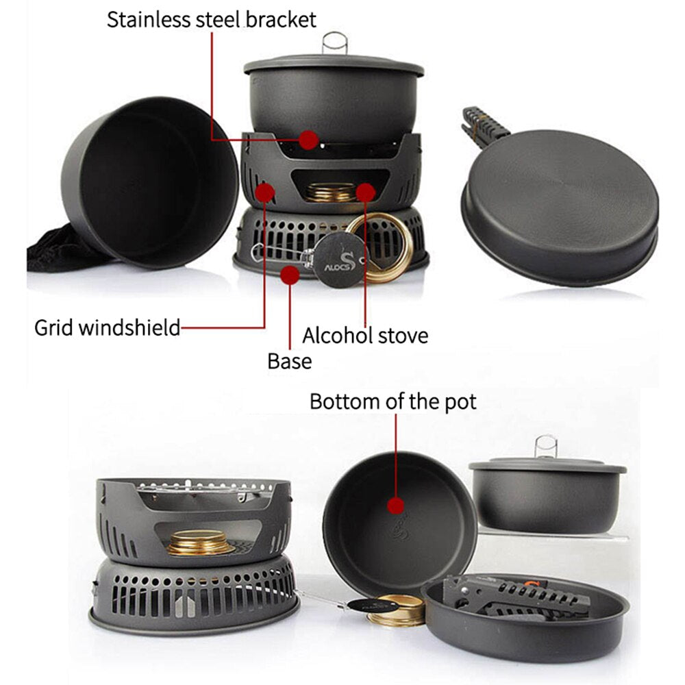 Tomshoo Stove Set Outdoor Camping Kitchenware Hiking Picnic Cooking Utensil Stove Pot Bowl Pan Alcohol Stove Camp Equipment