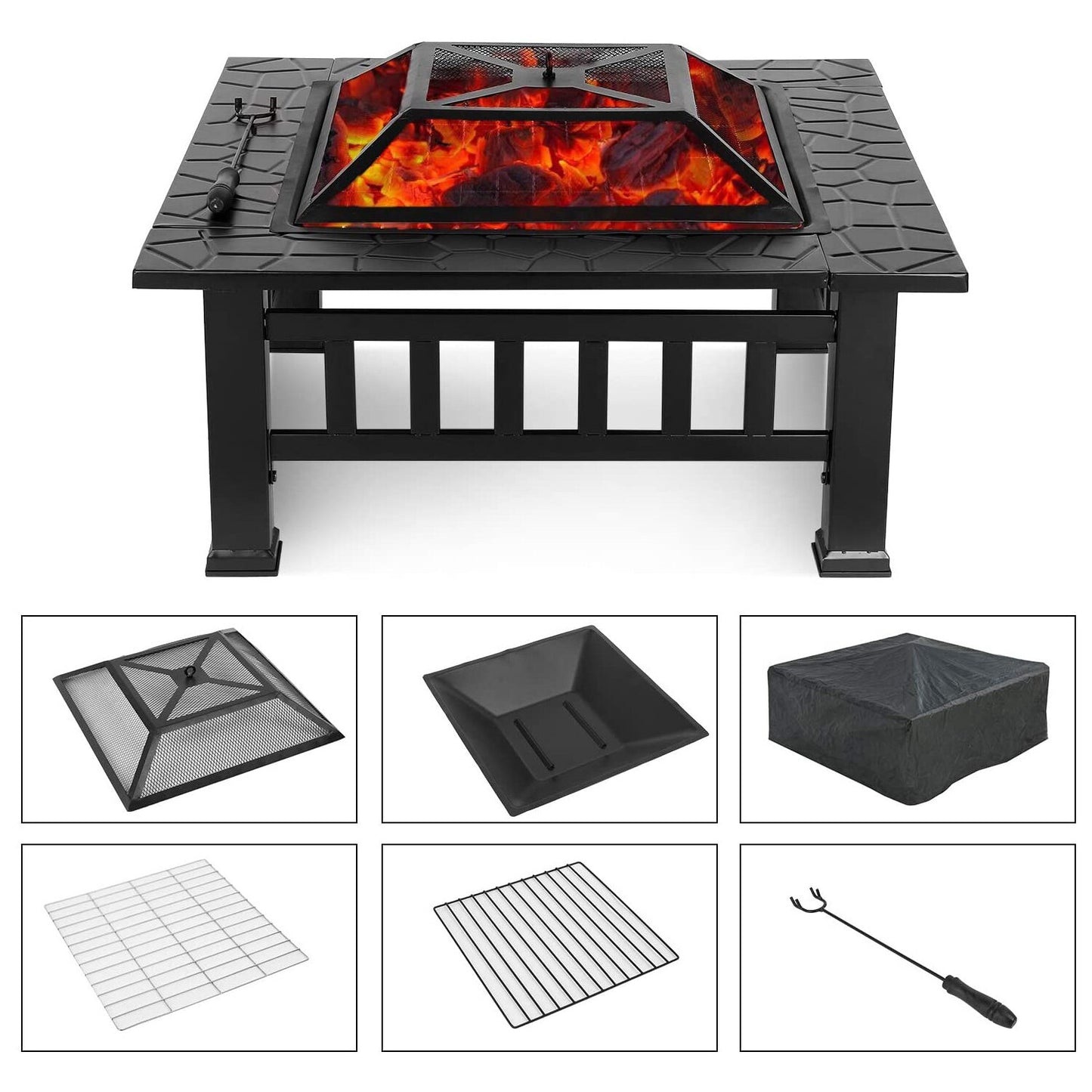 Black Fireplace Fire Pit Wood Burning Steel Fire Pit BBQ Square Table Backyard Patio Garden Stove Wood Burning  Firepit