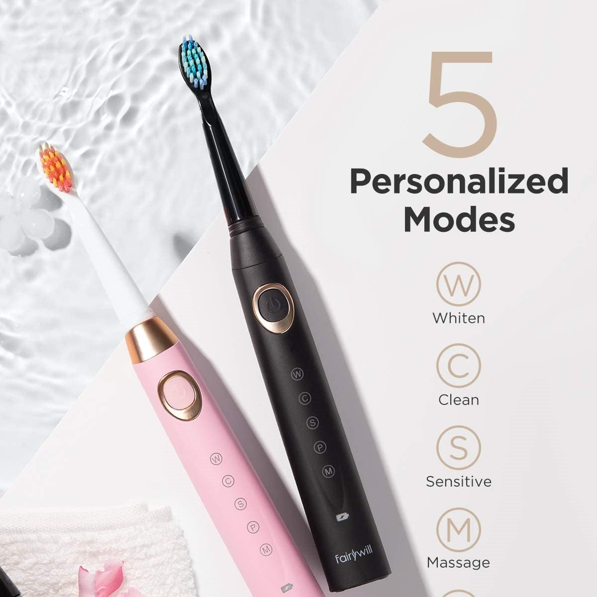 Fairywill Sonic Electric Toothbrushes for Adults Kids 5 Modes Smart Timer Rechargeable Whitening Toothbrush with 10 Brush Heads