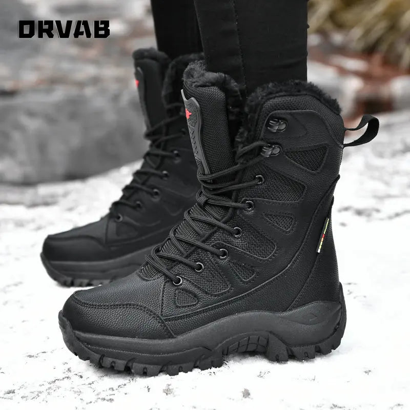 PLUS SIZE 36-46 Military Boots Leather Combat Boots for Men and Woman Fur Plush Winter Snow Boots