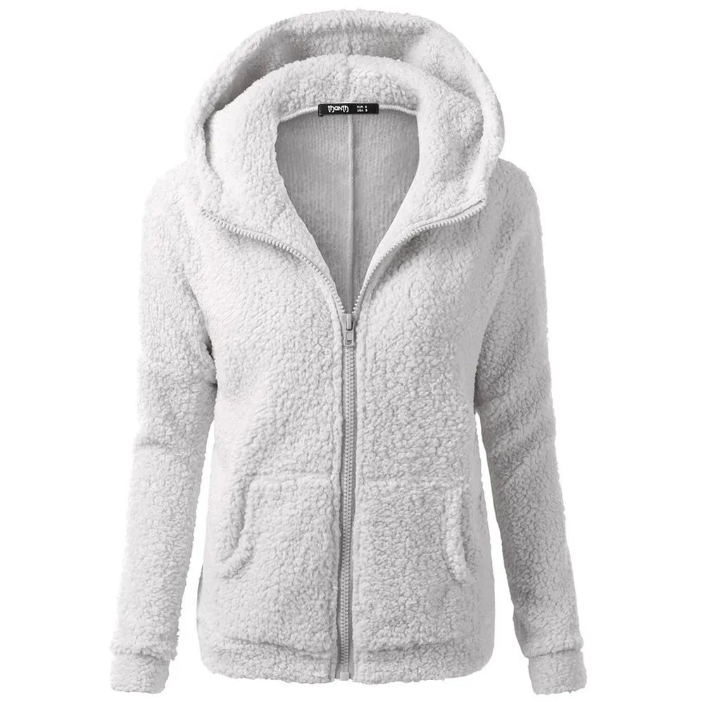 Jacket Women Autumn Winter Fleece Hooded Overcoat Loose Solid Color Pocket Pullover Classic Windproof Zipper Up Overcoat 2023