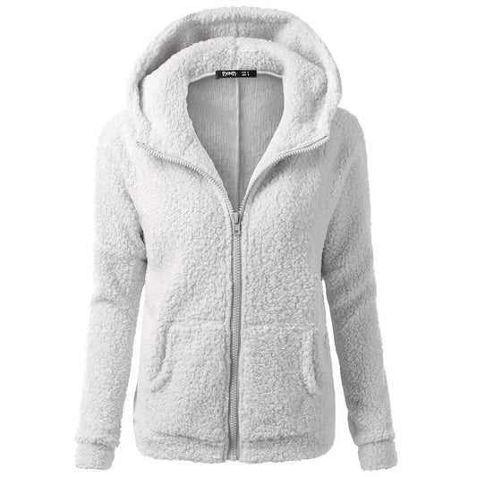 Jacket Women Autumn Winter Fleece Hooded Overcoat Loose Solid Color Pocket Pullover Classic Windproof Zipper Up Overcoat 2023