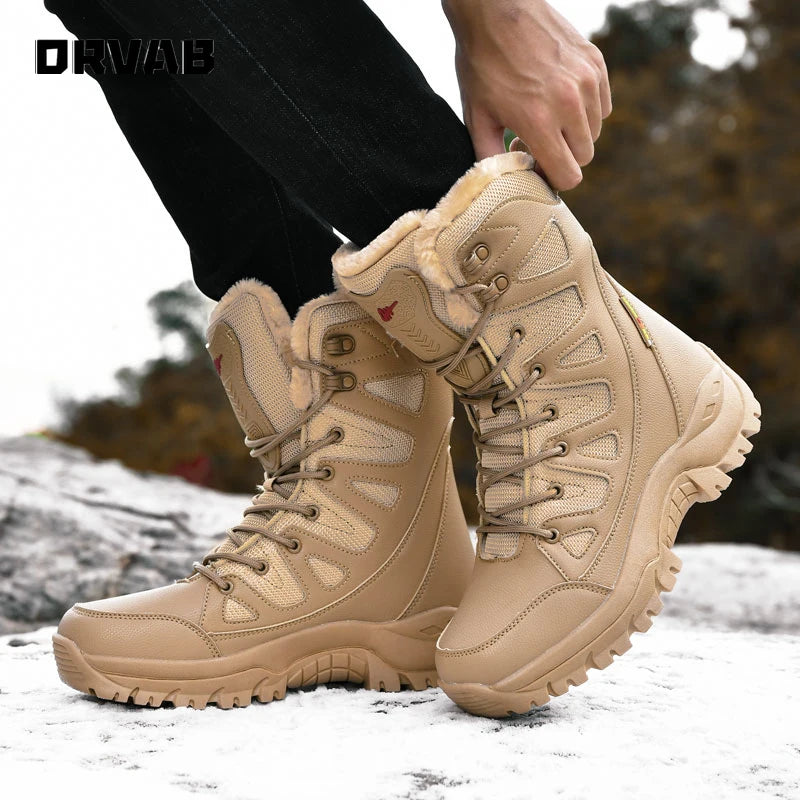 PLUS SIZE 36-46 Military Boots Leather Combat Boots for Men and Woman Fur Plush Winter Snow Boots