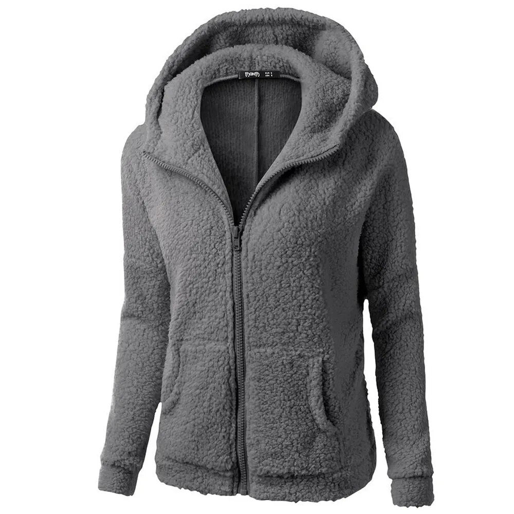 Jacket Women Autumn Winter Fleece Hooded Overcoat Loose Solid Color Pocket Pullover Classic Windproof Zipper Up Overcoat 2023