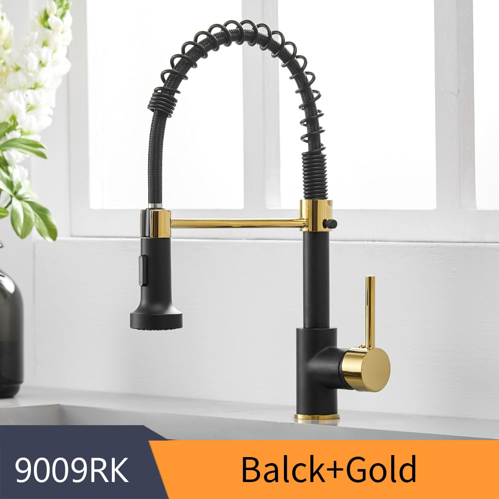 Kitchen Faucets Brush Brass Faucets for Kitchen Sink  Single Lever Pull Out Spring Spout Mixers Tap Hot Cold Water Crane 9009