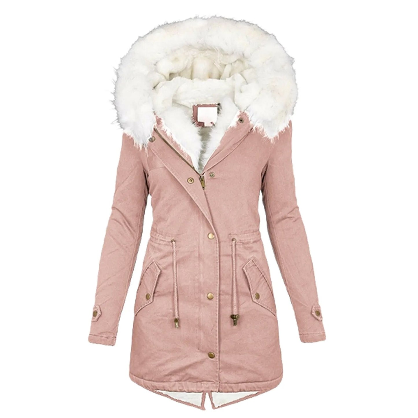 Cotton Padded Jacket Solid Color Women Solid Hood Fur Warm Winter Coat  Office Ladies Retro Causal Loose Parkas Outwear