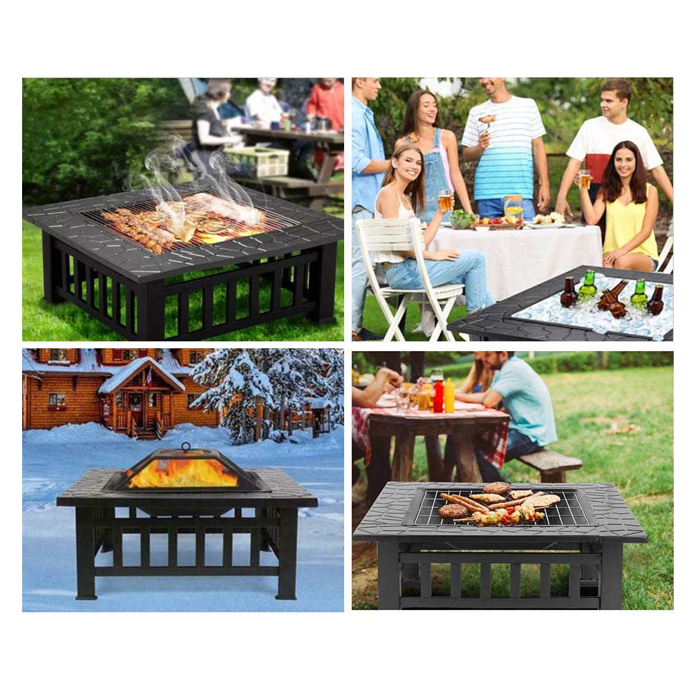 Black Fireplace Fire Pit Wood Burning Steel Fire Pit BBQ Square Table Backyard Patio Garden Stove Wood Burning  Firepit