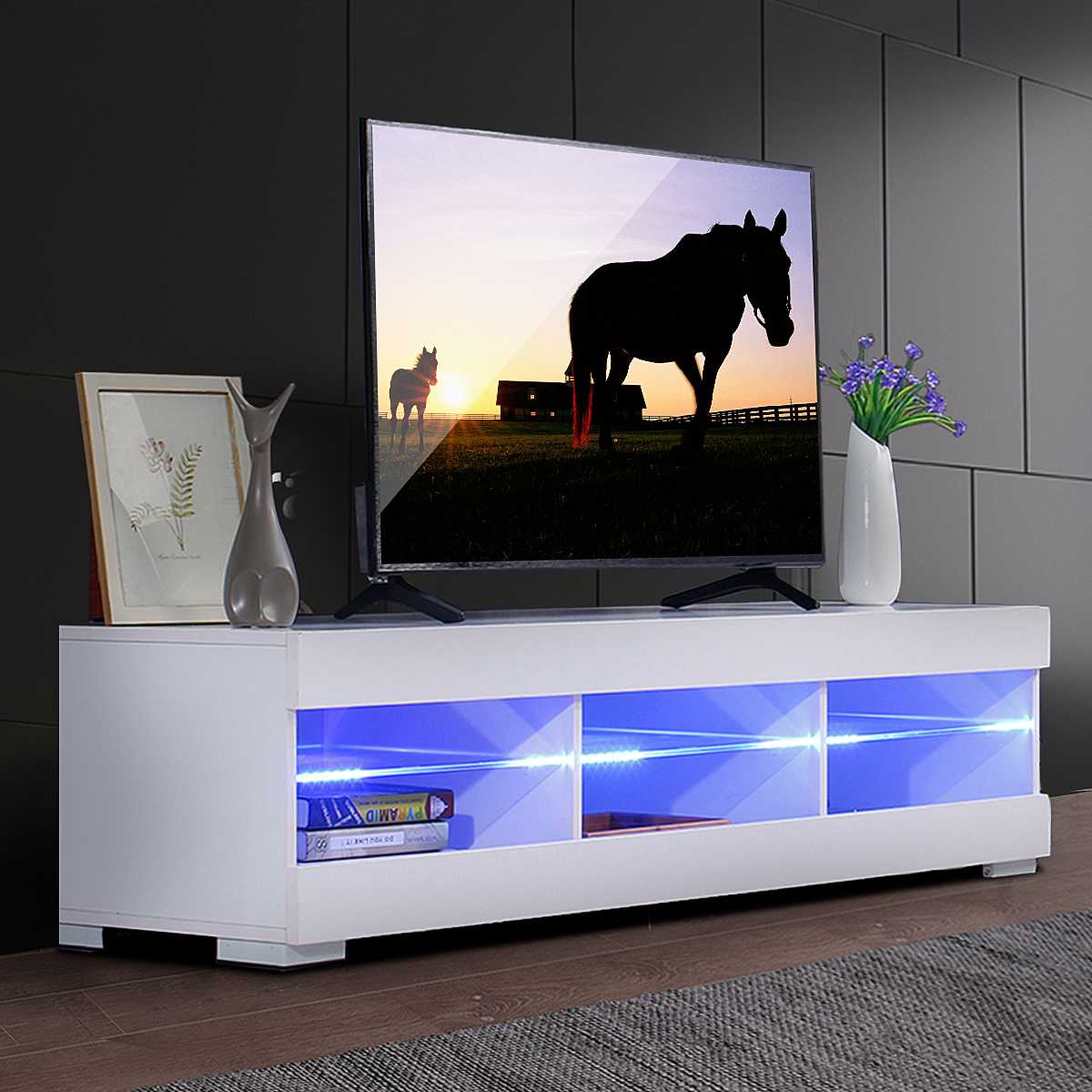 57 inch RGB LED TV Unit Cabinet Stands with 6 Open Drawers TV Bracket Table Home Living Room Furniture tv Stands high gloss