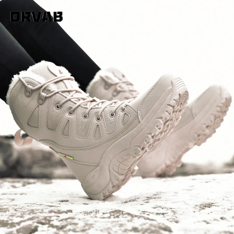 PLUS SIZE 36-46 Military Boots Leather Combat Boots for Men and Woman Fur Plush Winter Snow Boots