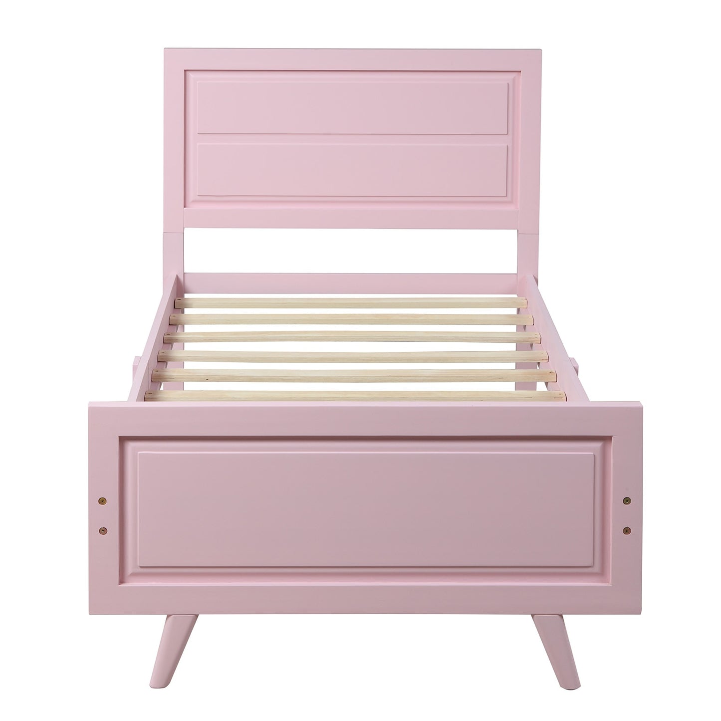 Wood Platform Bed Twin Bed Frame Foundation with Headboard and Wood Slat Support White Pink