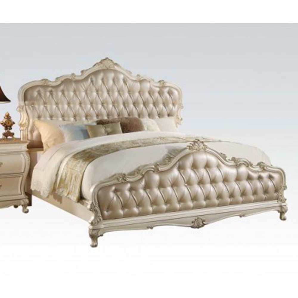 Vintage King/Queen Bed In Rose Gold PU & Pearl White 93x84x68 Inch