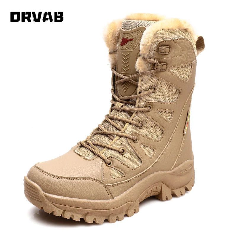 PLUS SIZE 36-46 Military Boots Leather Combat Boots for Men and Woman Fur Plush Winter Snow Boots