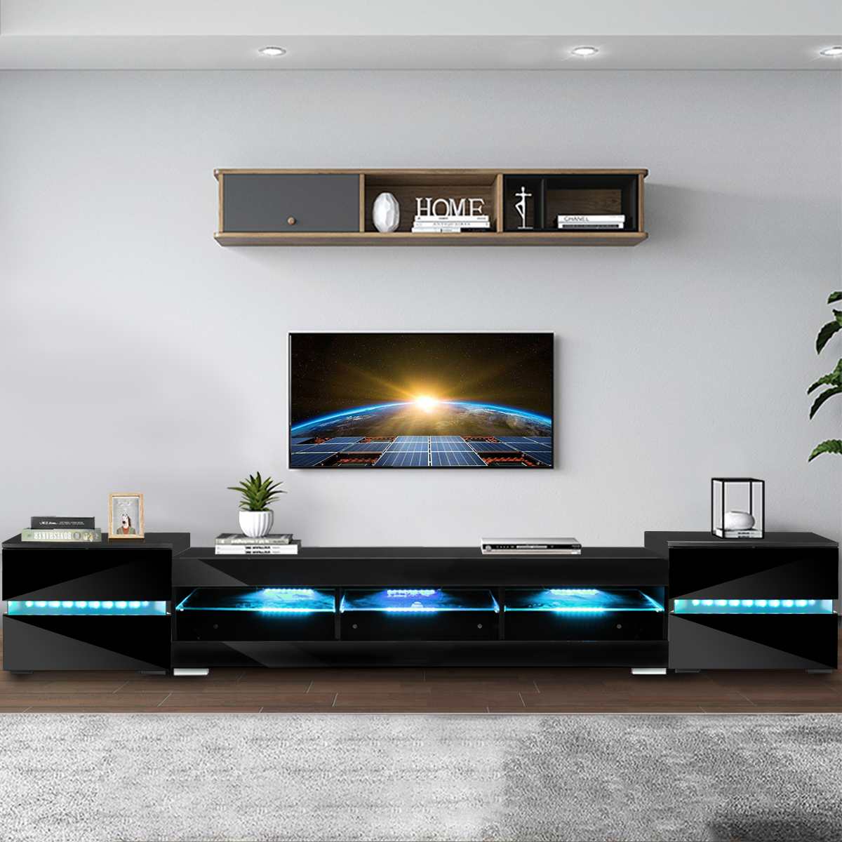 57 inch RGB LED TV Unit Cabinet Stands with 6 Open Drawers TV Bracket Table Home Living Room Furniture tv Stands high gloss