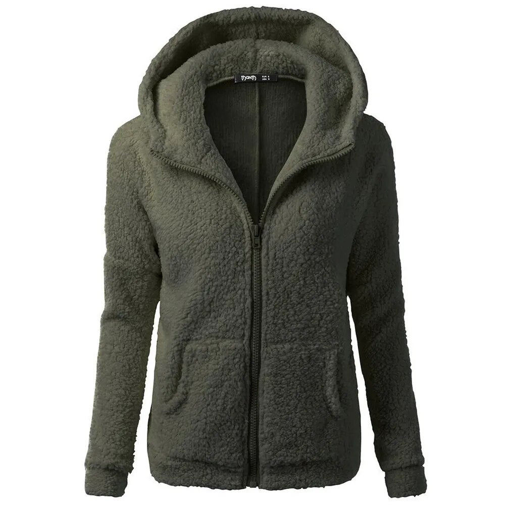 Jacket Women Autumn Winter Fleece Hooded Overcoat Loose Solid Color Pocket Pullover Classic Windproof Zipper Up Overcoat 2023