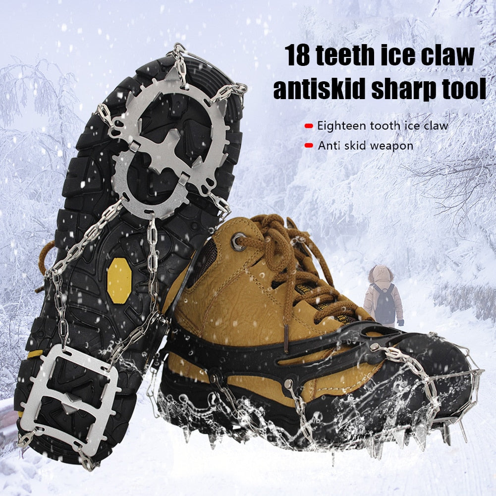 18 Teeth Crampons Anti Slip Outdoor Climbing Ice Claw Gripper Spikes Cleats Winter Climbing Camping Hiking Snowshoes Shoe