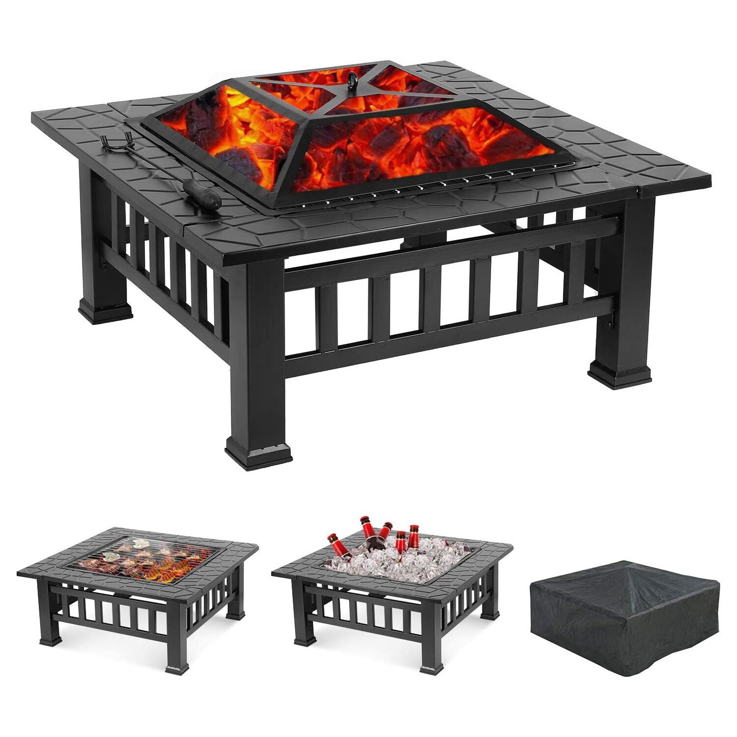 Black Fireplace Fire Pit Wood Burning Steel Fire Pit BBQ Square Table Backyard Patio Garden Stove Wood Burning  Firepit