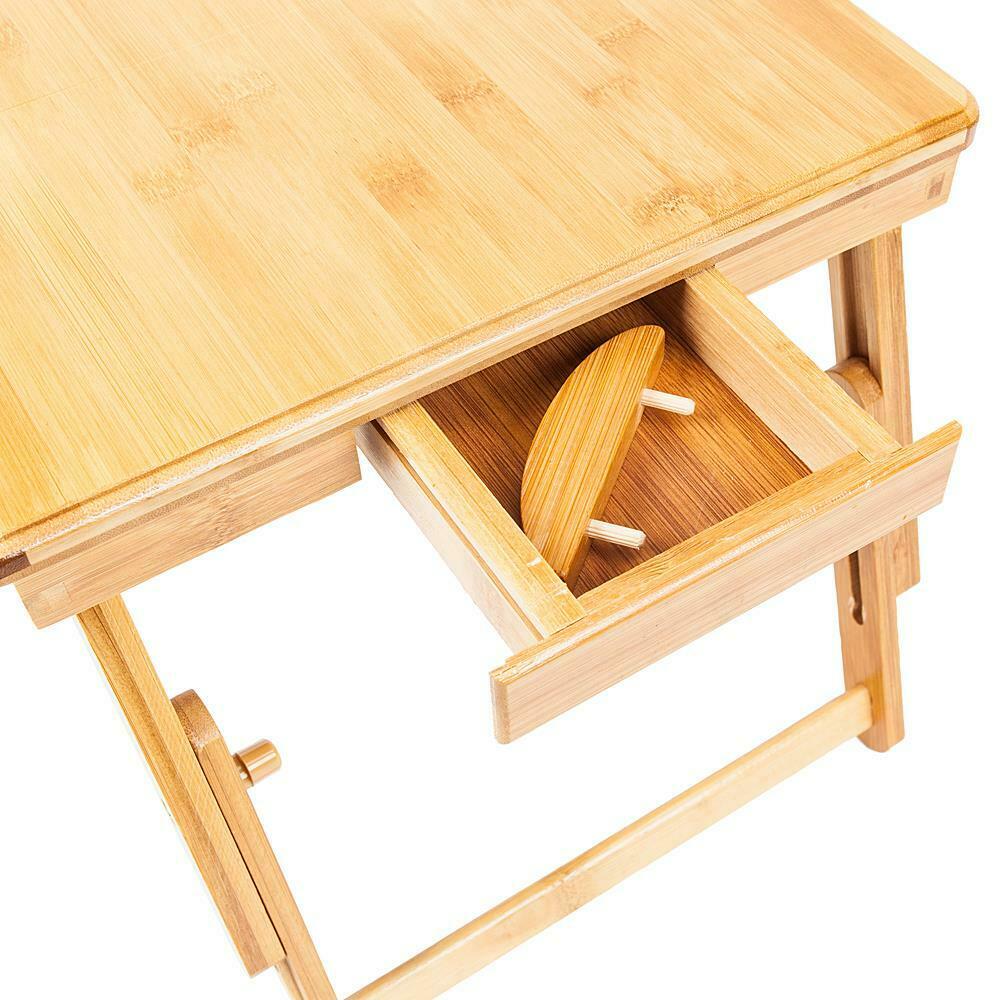 Bamboo Laptop Desk Adjustable Breakfast Serving Bed Tray with Tilting Top Drawer