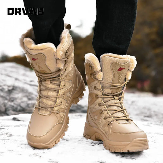 PLUS SIZE 36-46 Military Boots Leather Combat Boots for Men and Woman Fur Plush Winter Snow Boots