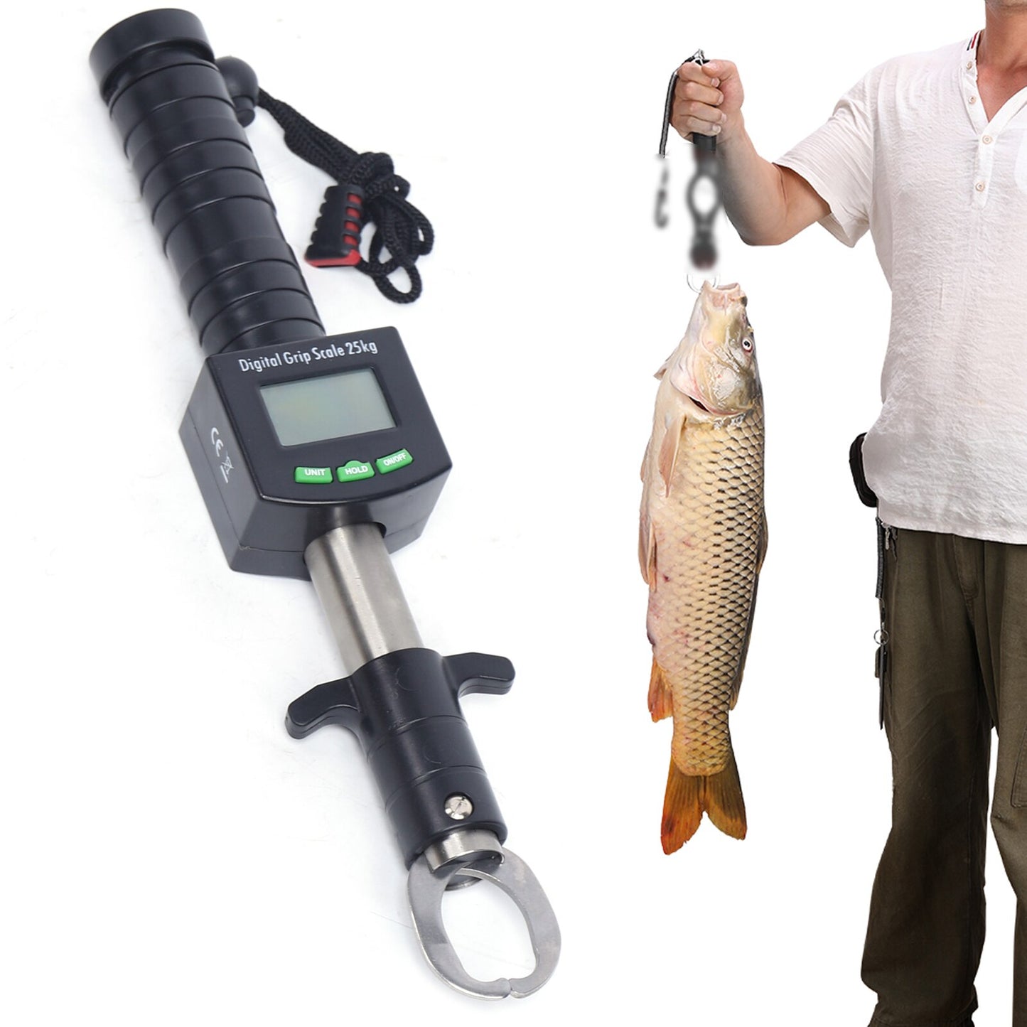 Fish Lip Grip Digital Fishing Scale 50 Lb Cap 1 Meter Tape Measure Temp Display