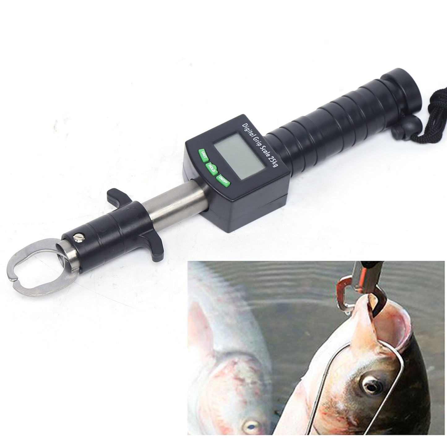 Fish Lip Grip Digital Fishing Scale 50 Lb Cap 1 Meter Tape Measure Temp Display