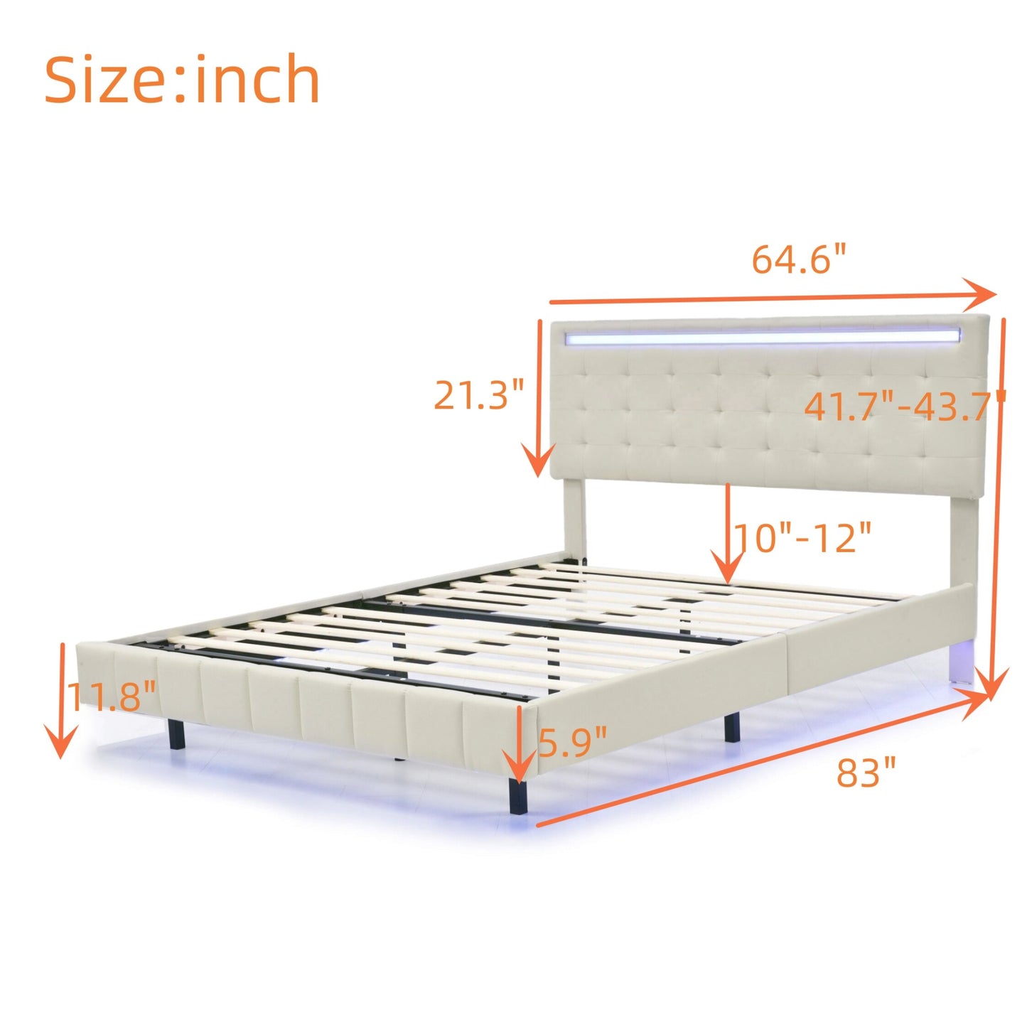 Queen Size Floating PU/Linen Bed Frame W/LED Lights&USB Charging Modern Upholstered Platform Bed Black/White