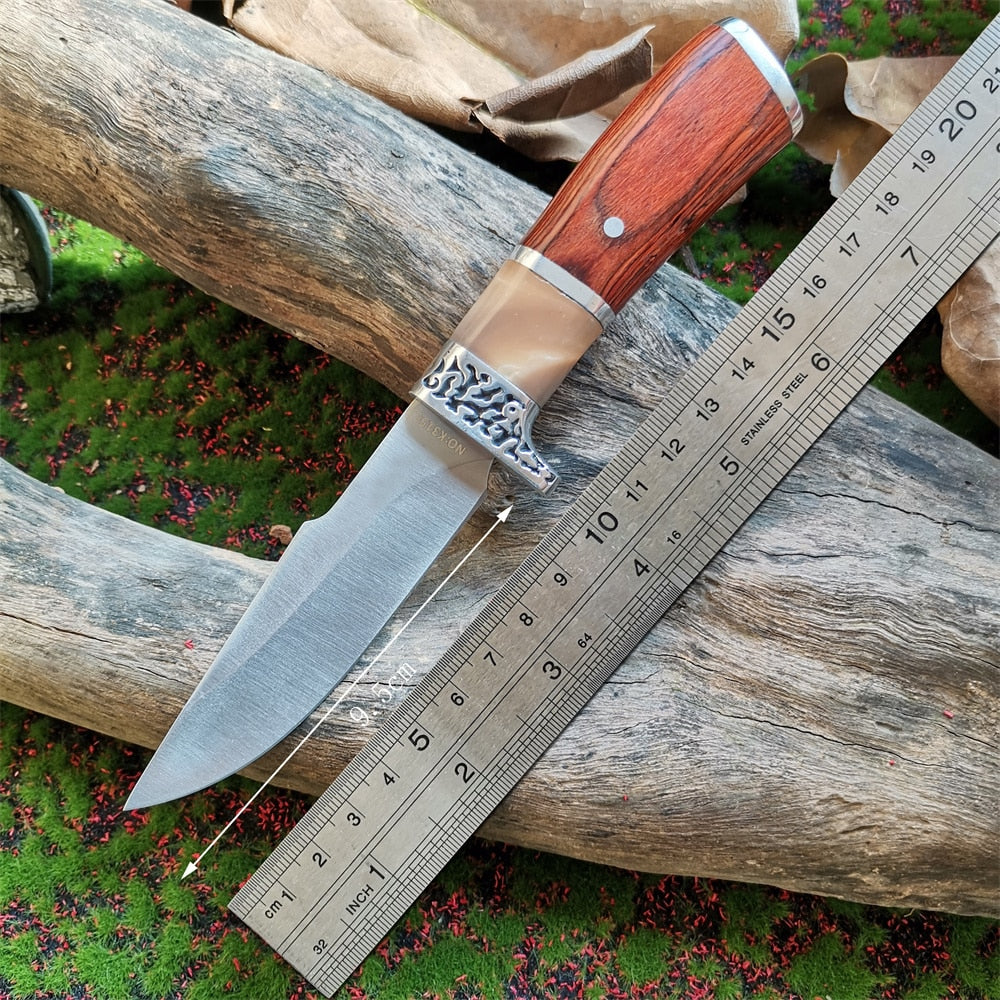 Straight Knife - Tactical Survival Hunting Self-defense Outdoor Knife with 8CR13MOV Steel Blade and Comfortable wooden Grip