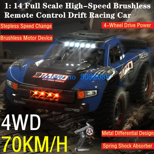 1:14 Full Scale 70KM/H High-Speed Brushless RC Dirft Racing Car 4WD Shock Absorber Lighting Rally Off-Road Radio Control Truck