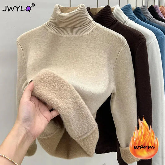 Thicken Velvet Turtleneck Sweater Women Fashion Lined Warm Knitted Pullover Slim Top