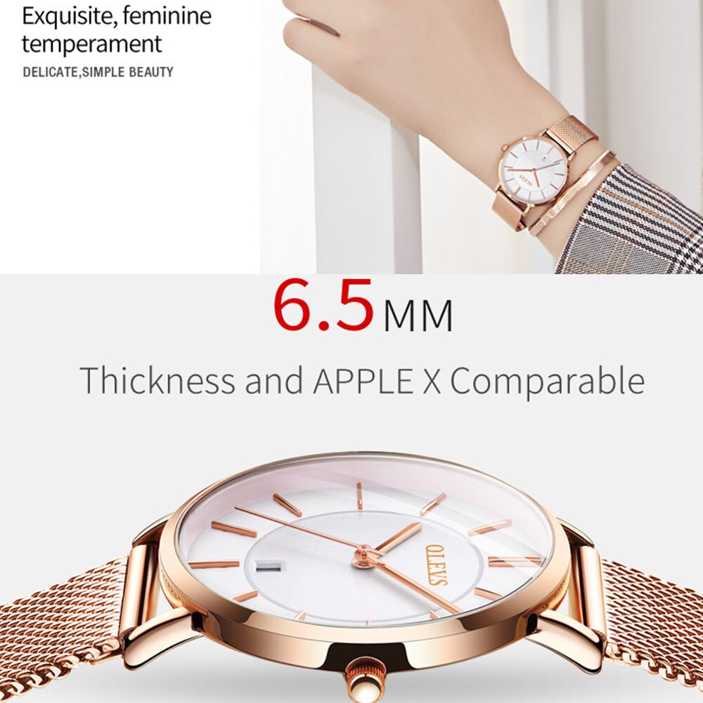 OLEVS Womens Watches Waterproof Stainless Steel Mesh Belt Ladies Watch Quartz Ultrathin Wristwatch Fashion Quartz Ladies Watch