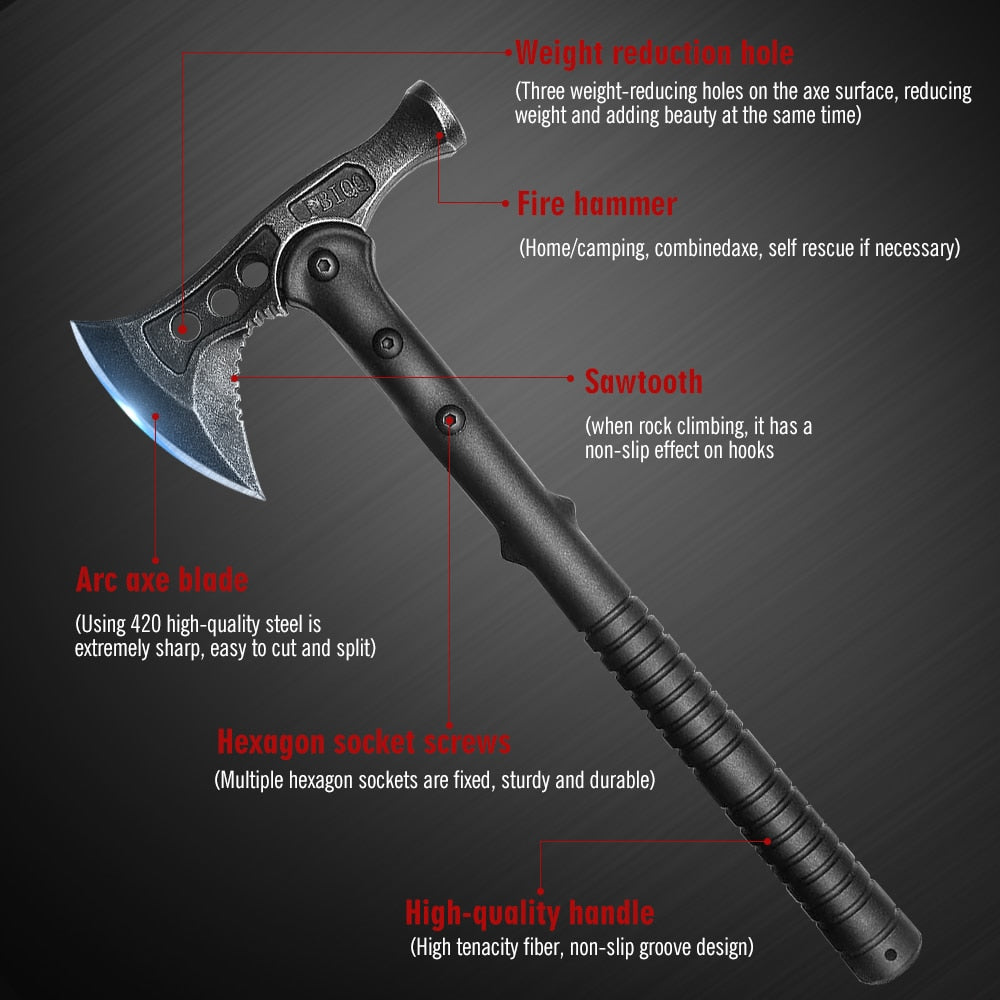 Camping Survival Hatchet Portable Hammer Forged Steel Construction Tomahawk Anti-Slip & Shock Reduction Grip Tactical Axes Knife