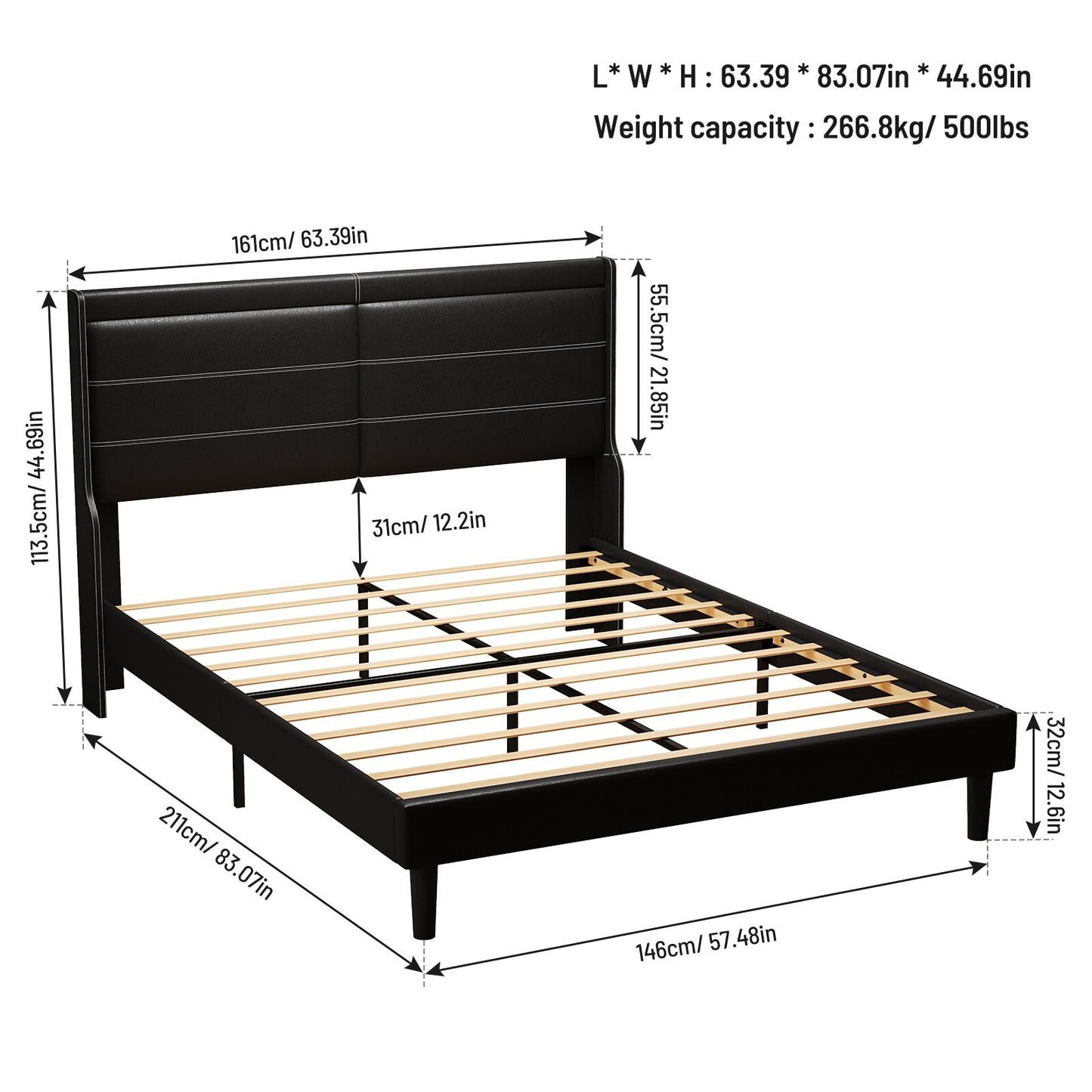 Stylish Queen Size PU Leather Upholstered Bed Frame Platform Bed with Lights Stitched Wing-backed Headboard Strong Wooden Slats