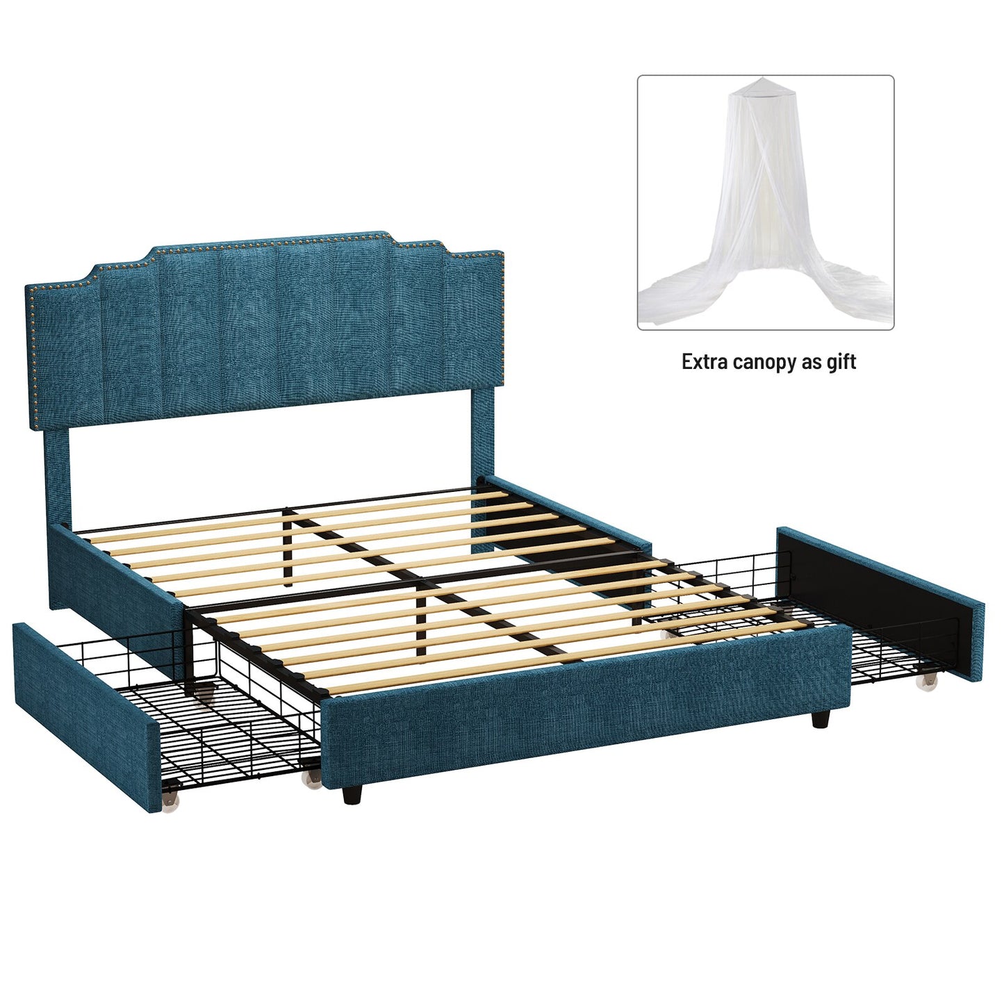 Queen Size Upholstered Platform Bed Linen Bed Frame with 2 Drawers Stitched Padded Headboard with Rivets Design Strong Bed Slats