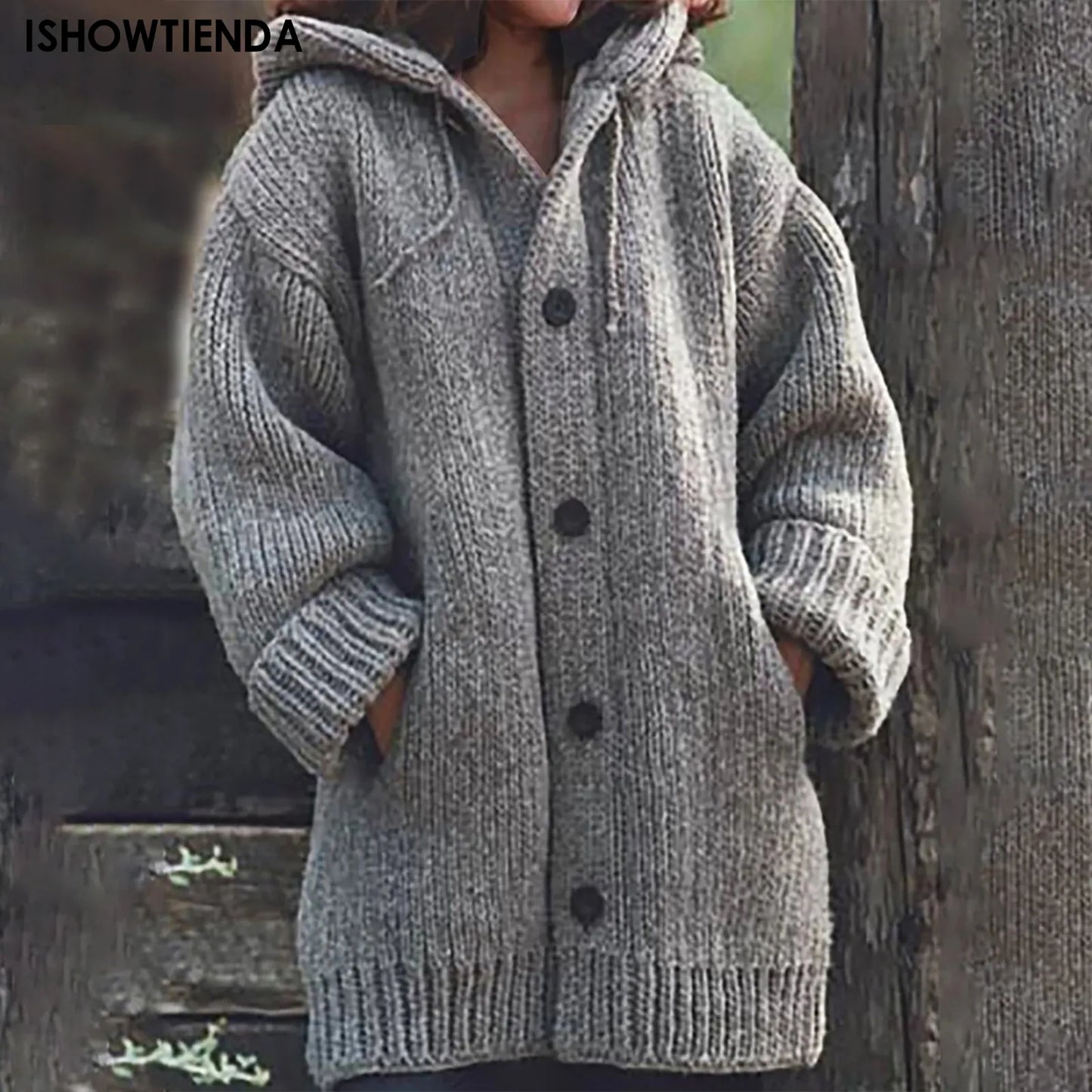 Solid color cardigan sweater for women plush and thick autumn and winter hooded and minimalist jacket Pocket Shawl