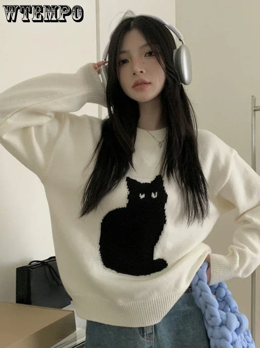 Sweet Sweater Pullover Women Cartoon Cat Pullover Autumn Winter Outwear Loose Vintage O Neck Loose Knitted Tops Female Fashion