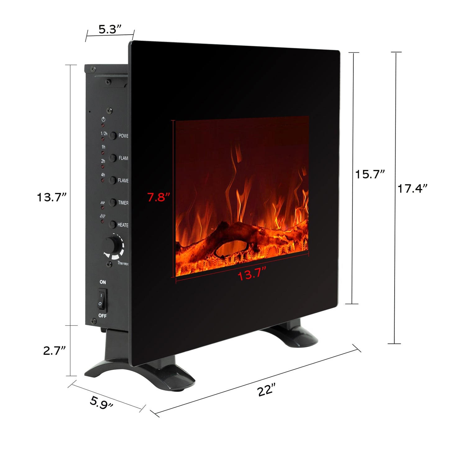 22 Inch Wide Electric Fireplace, Wall Mounted or Freestanding Portable Room Heater with Remote and Thermostat