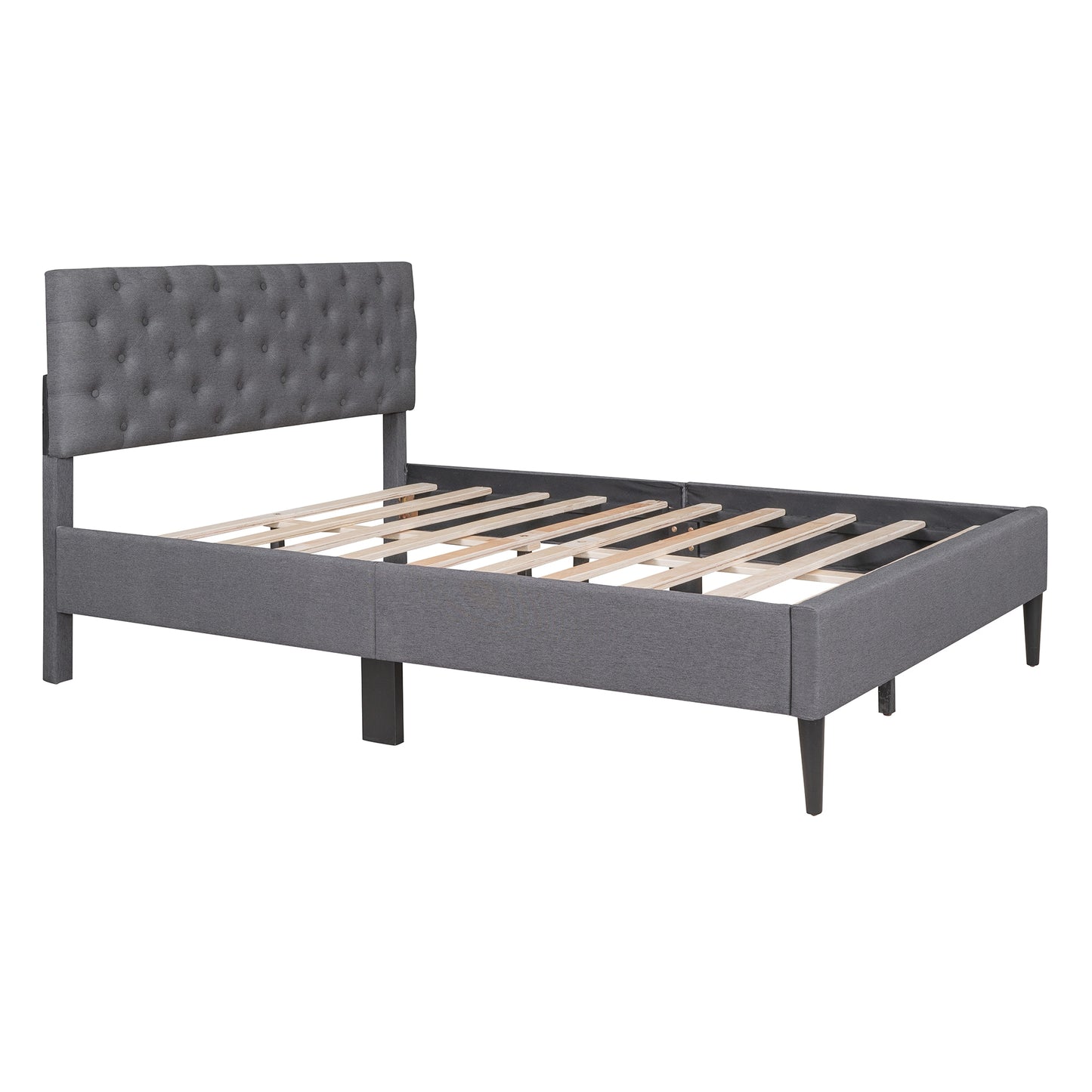 Upholstered Linen Platform Bed Frame with Button Tufted Headboard, Strong Wood Slat Support, Mattress Foundation