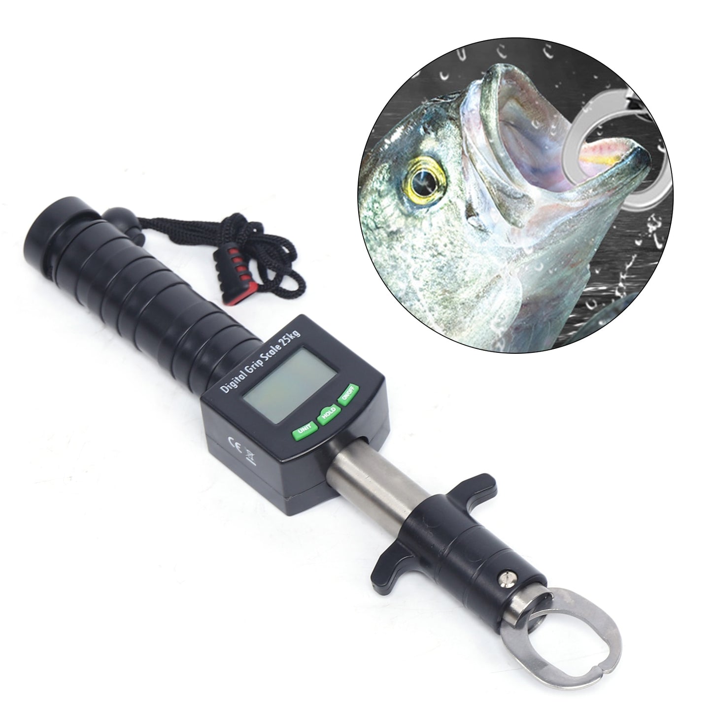 Fish Lip Grip Digital Fishing Scale 50 Lb Cap 1 Meter Tape Measure Temp Display