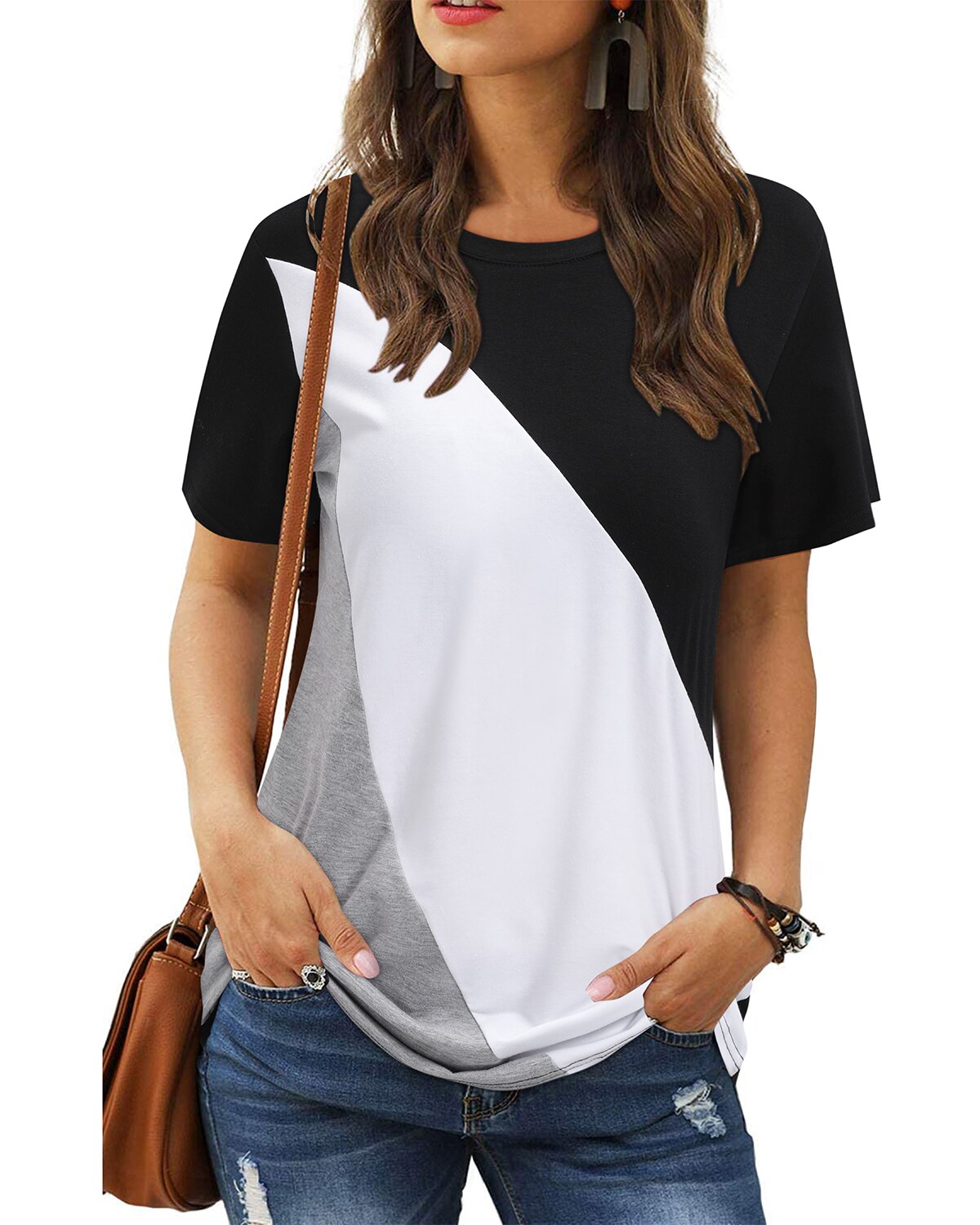 OUGES Womens Short Sleeve T Shirts Casual Round Neck Triple Color Block Patchwork Blouse Summer Tunic Tops